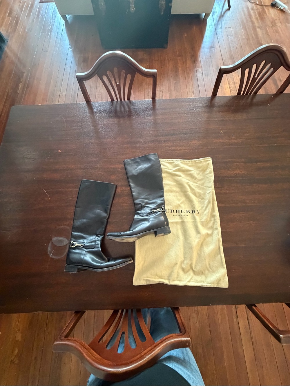 Burberry Black Leather Knee-High Boots with Silver Hardware